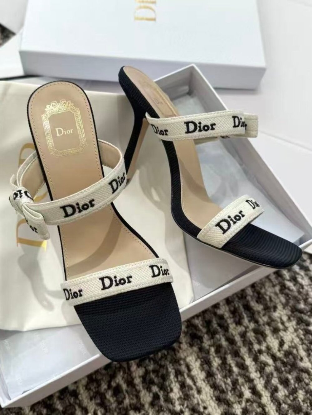Dior Black and Cream Logo Bow Heel Slides EU Size 39